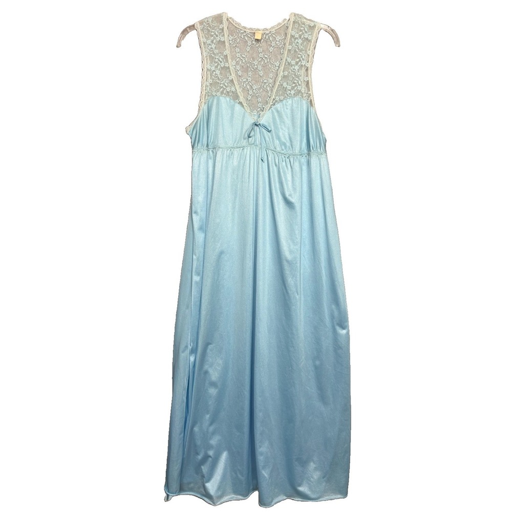 Womens Medium Blue Nylon Nightgown Lace Bodice Long Bridal Lingerie Vintage 60s